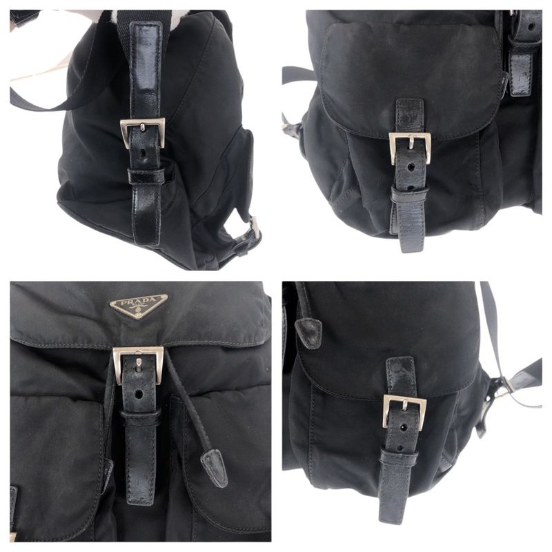 Prada Tessuto Triangle Logo Plate Black Silver Hardware Nylon Leather Backpack