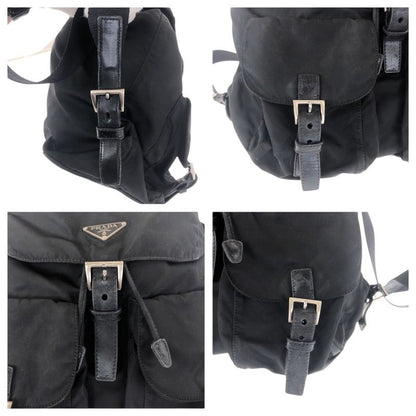 Prada Tessuto Triangle Logo Plate Black Silver Hardware Nylon Leather Backpack