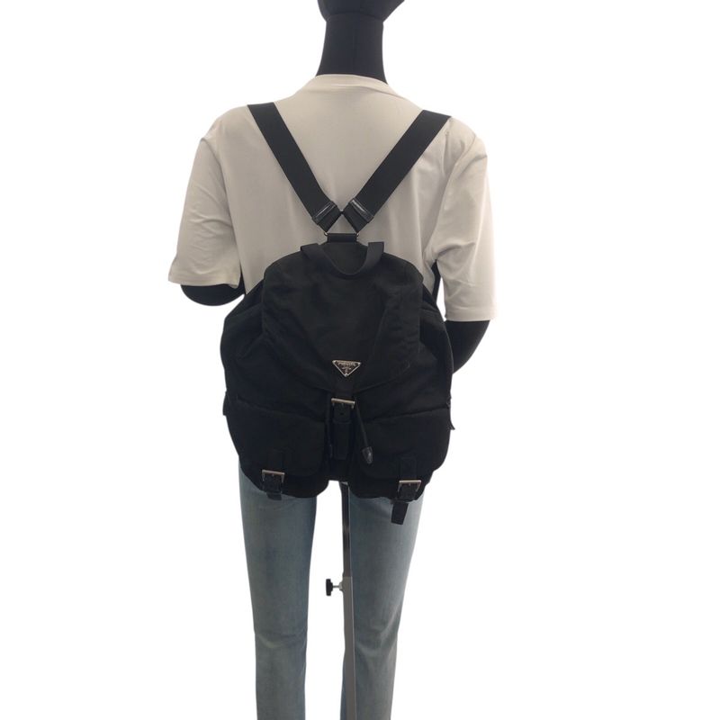 Prada Tessuto Triangle Logo Plate Black Silver Hardware Nylon Leather Backpack