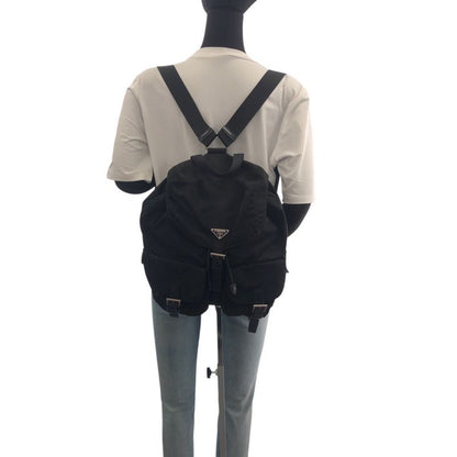 Prada Tessuto Triangle Logo Plate Black Silver Hardware Nylon Leather Backpack