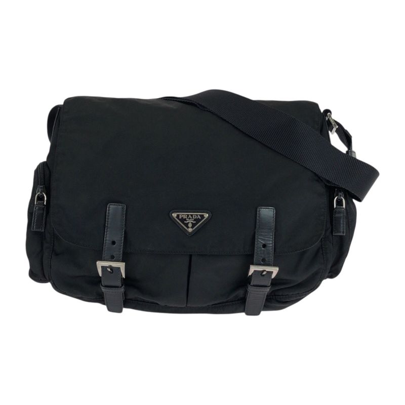 Prada Tessuto Triangle Logo Plate Black Silver Hardware Nylon Leather Shoulder