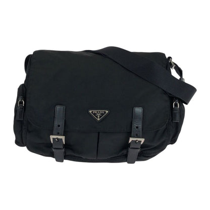 Prada Tessuto Triangle Logo Plate Black Silver Hardware Nylon Leather Shoulder