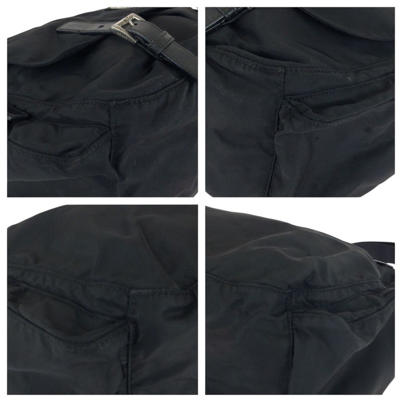 Prada Tessuto Triangle Logo Plate Black Silver Hardware Nylon Leather Shoulder