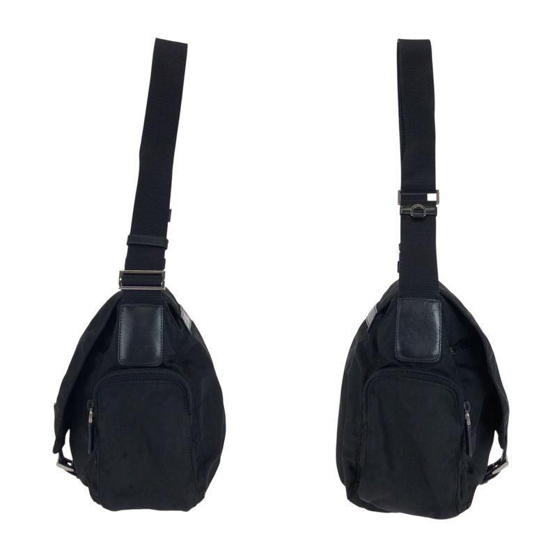 Prada Tessuto Triangle Logo Plate Black Silver Hardware Nylon Leather Shoulder