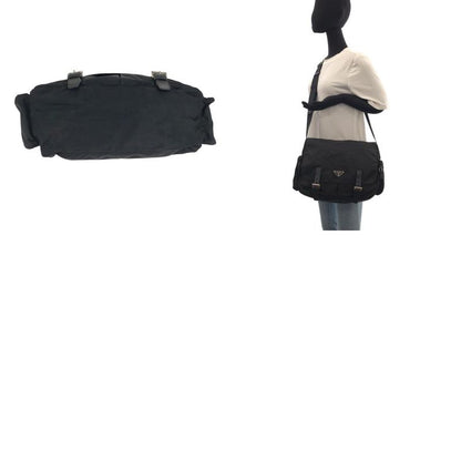 Prada Tessuto Triangle Logo Plate Black Silver Hardware Nylon Leather Shoulder