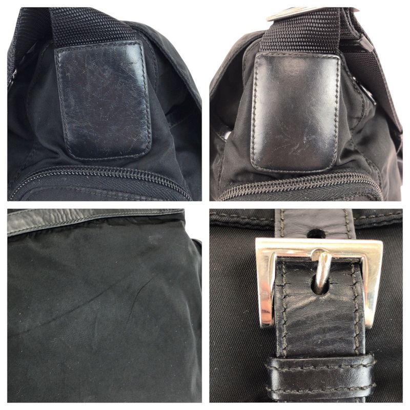Prada Tessuto Triangle Logo Plate Black Silver Hardware Nylon Leather Shoulder