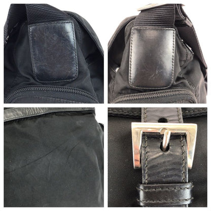 Prada Tessuto Triangle Logo Plate Black Silver Hardware Nylon Leather Shoulder