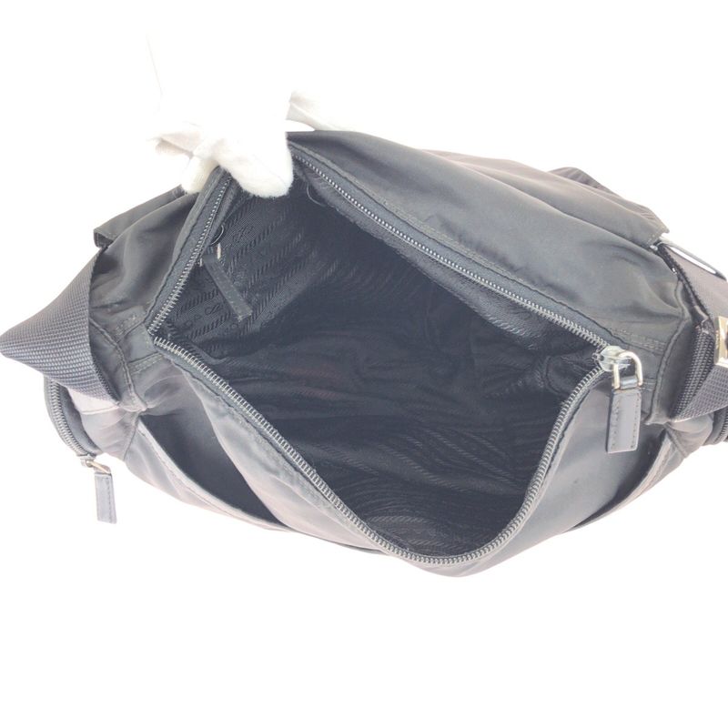 Prada Tessuto Triangle Logo Plate Black Silver Hardware Nylon Leather Shoulder