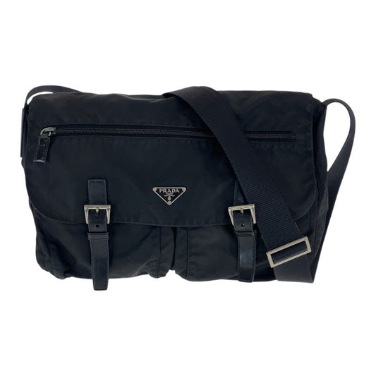 Prada Tessuto Triangle Logo Plate Black Silver Hardware Nylon Leather Shoulder