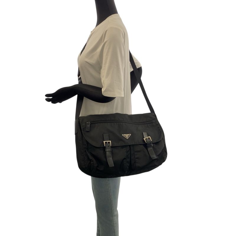 Prada Tessuto Triangle Logo Plate Black Silver Hardware Nylon Leather Shoulder