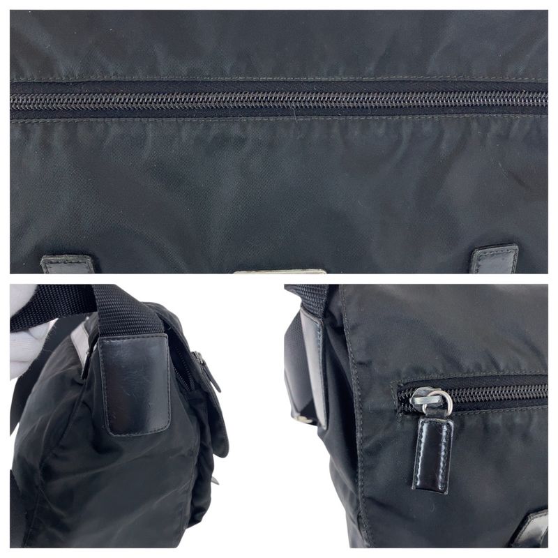 Prada Tessuto Triangle Logo Plate Black Silver Hardware Nylon Leather Shoulder