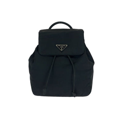 Prada Tessuto Triangle Logo Plate Black Silver Hardware Nylon Backpack Daypack