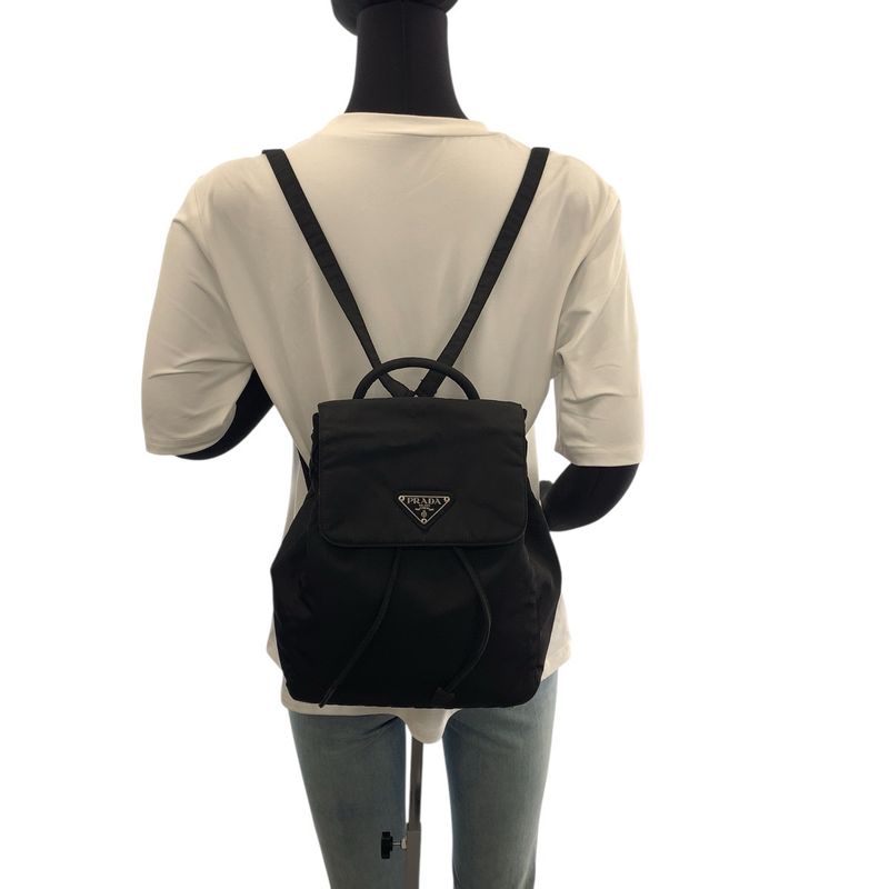 Prada Tessuto Triangle Logo Plate Black Silver Hardware Nylon Backpack Daypack