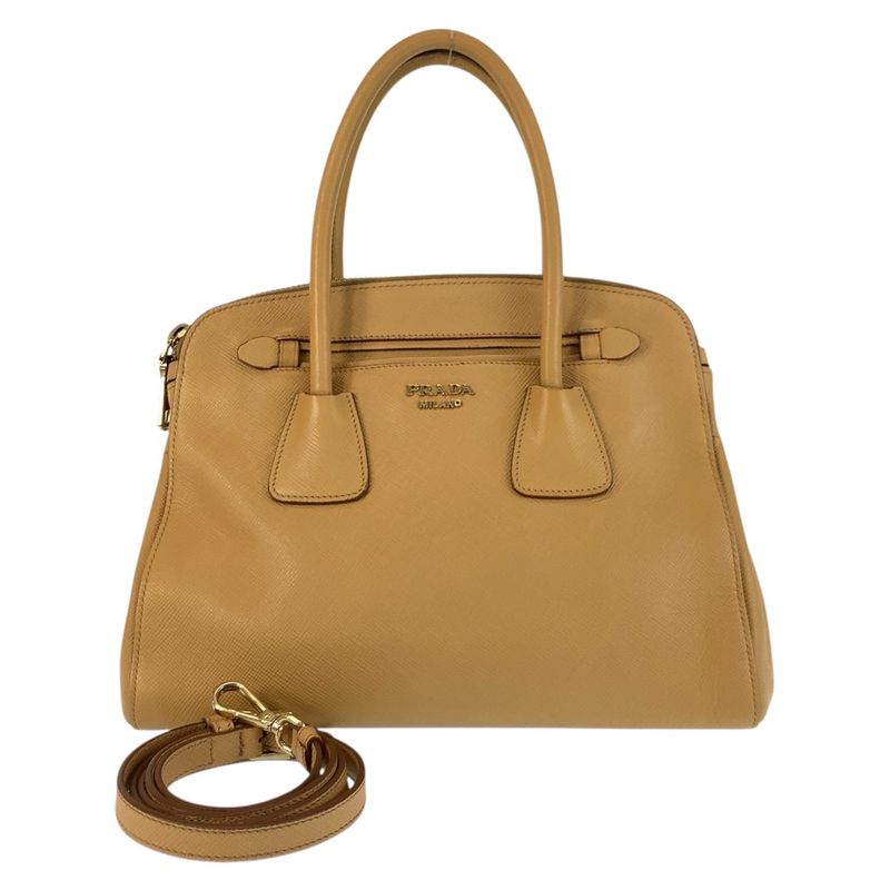 Prada Saffiano Beige Gold Hardware Leather Handbag Shoulder Bag 2way Women