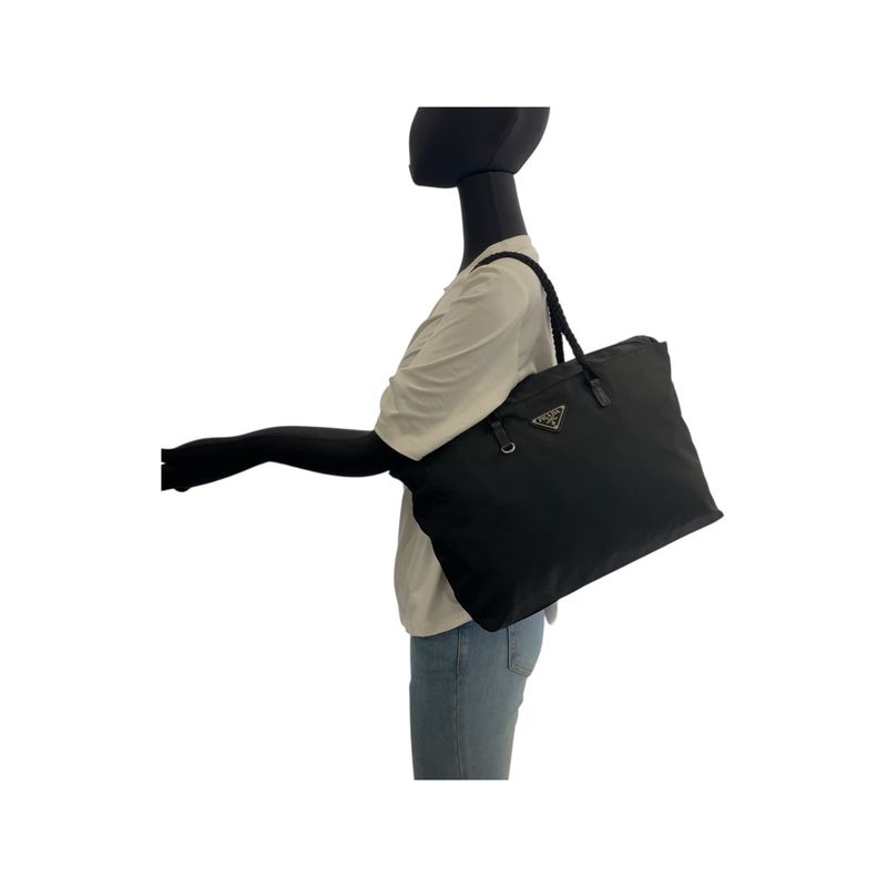 Prada Tessuto Triangle Logo Plate Black Silver Hardware Nylon Tote Bag Shoulder
