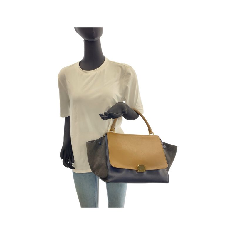 Celine Trapeze Brown Navy Black Leather Suede Shoulder Bag Handbag Women 506071