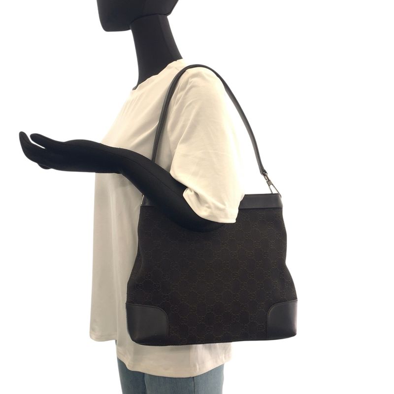 Gucci GG Canvas Brown Silver Hardware Nylon Leather 143745 One Shoulder Bag