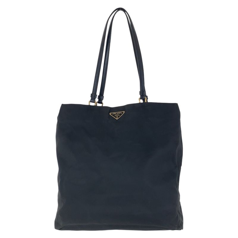 Prada Tessuto Triangle Logo Plate Black Gold Hardware Nylon Leather Tote Bag