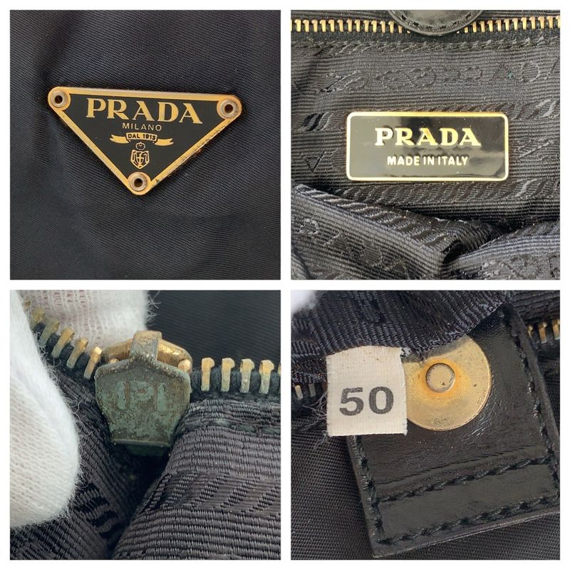 Prada Tessuto Triangle Logo Plate Black Gold Hardware Nylon Leather Tote Bag