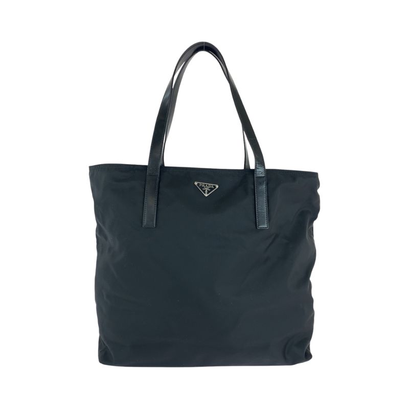 Prada Tessuto Triangle Logo Plate Black Silver Hardware Nylon Tote Bag Shoulder