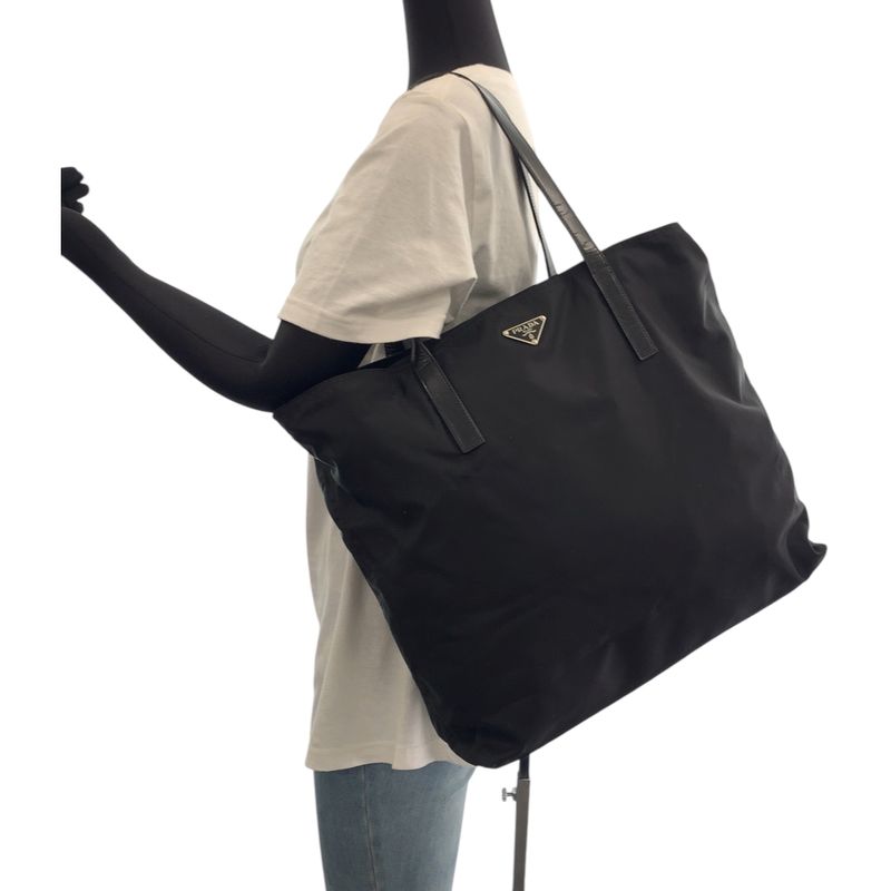 Prada Tessuto Triangle Logo Plate Black Silver Hardware Nylon Tote Bag Shoulder