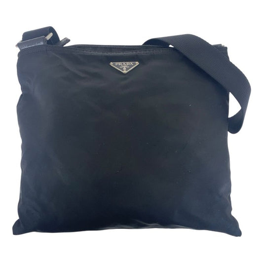 Prada Tessuto Triangle Logo Plate Black Silver Hardware Nylon Shoulder Bag