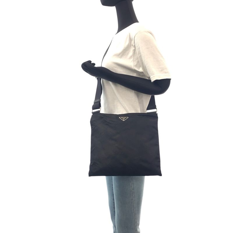 Prada Tessuto Triangle Logo Plate Black Silver Hardware Nylon Shoulder Bag