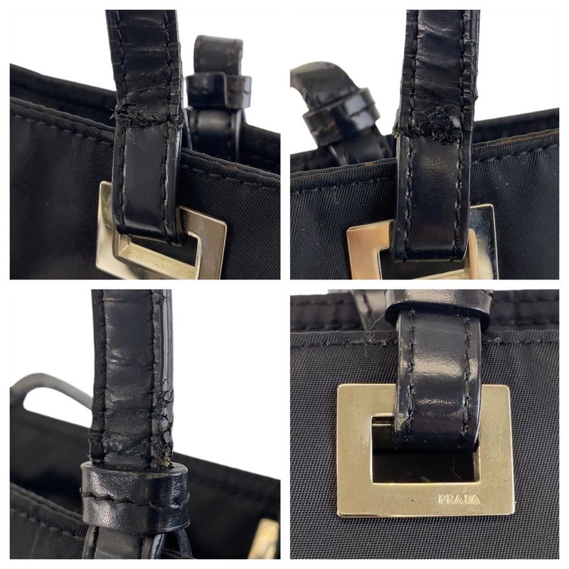 Prada Tessuto Triangle Logo Plate Black Silver Hardware Nylon Leather Tote Bag