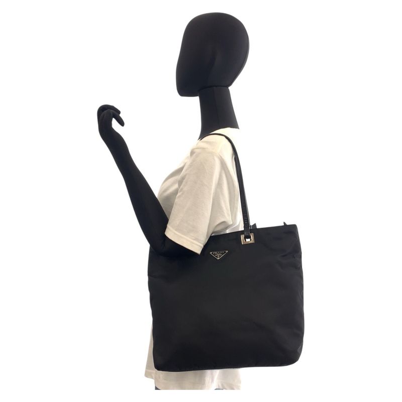 Prada Tessuto Triangle Logo Plate Black Silver Hardware Nylon Leather Tote Bag