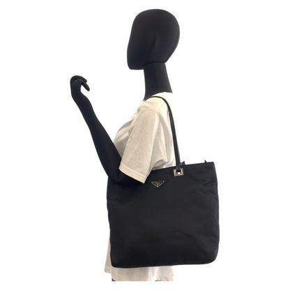 Prada Tessuto Triangle Logo Plate Black Silver Hardware Nylon Leather Tote Bag