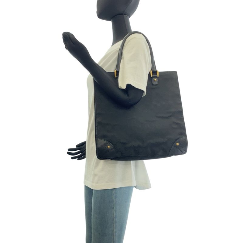 Gucci Studded Black Gold Hardware GG Canvas Leather 120898 Tote Bag Shoulder