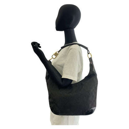 Gucci Black Gold Hardware GG Canvas Leather 001 4157 Shoulder Bag Women 506407