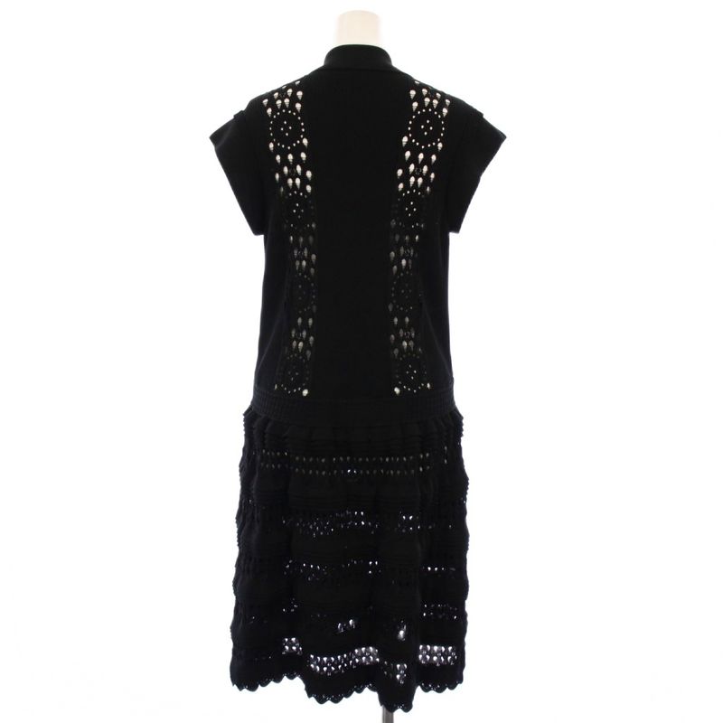 Chanel 20SS Ribbed Knit Dress Knee Length Sleeveless Coco Mark Ruffle 40 Black