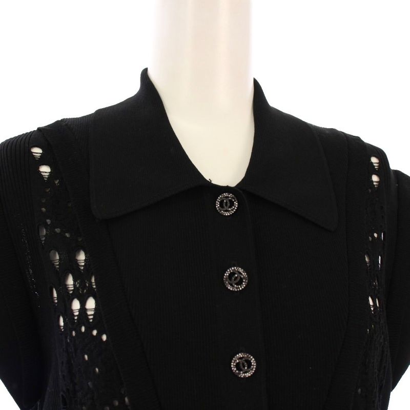 Chanel 20SS Ribbed Knit Dress Knee Length Sleeveless Coco Mark Ruffle 40 Black