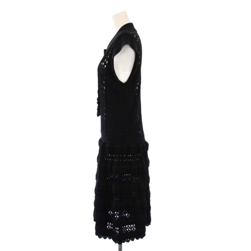 Chanel 20SS Ribbed Knit Dress Knee Length Sleeveless Coco Mark Ruffle 40 Black