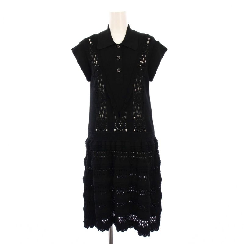Chanel 20SS Ribbed Knit Dress Knee Length Sleeveless Coco Mark Ruffle 40 Black