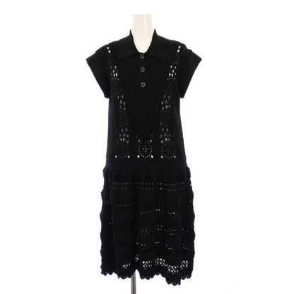 Chanel 20SS Ribbed Knit Dress Knee Length Sleeveless Coco Mark Ruffle 40 Black