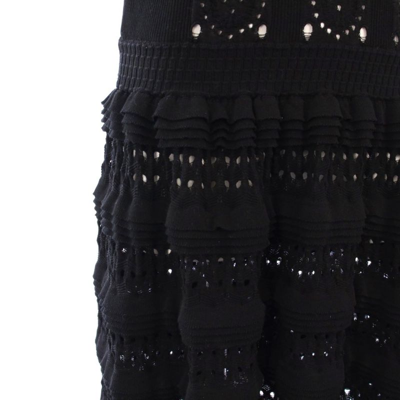 Chanel 20SS Ribbed Knit Dress Knee Length Sleeveless Coco Mark Ruffle 40 Black