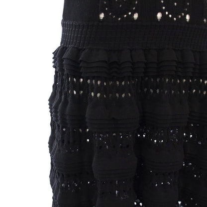 Chanel 20SS Ribbed Knit Dress Knee Length Sleeveless Coco Mark Ruffle 40 Black