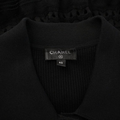 Chanel 20SS Ribbed Knit Dress Knee Length Sleeveless Coco Mark Ruffle 40 Black