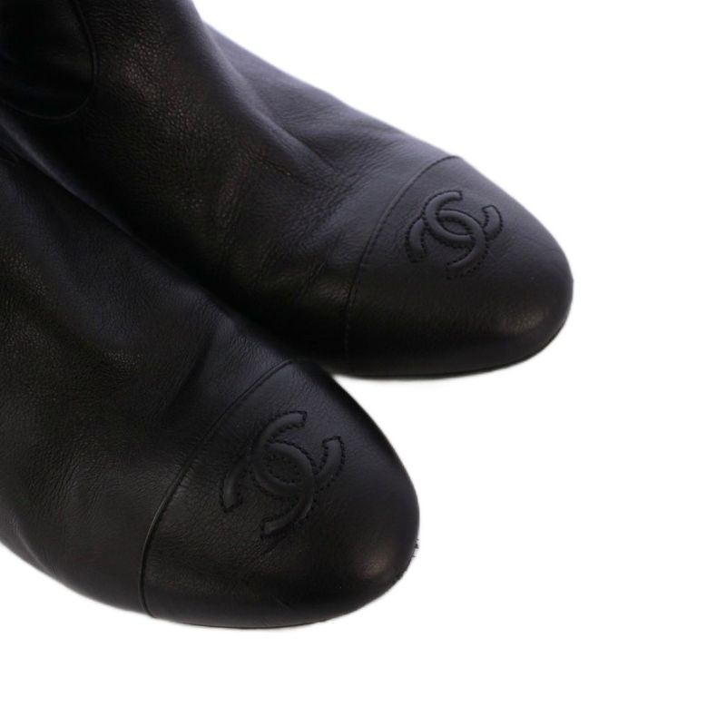 Chanel Jockey Boots Middle Length Coco Mark Leather 38C Black G36273 KH