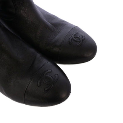 Chanel Jockey Boots Middle Length Coco Mark Leather 38C Black G36273 KH