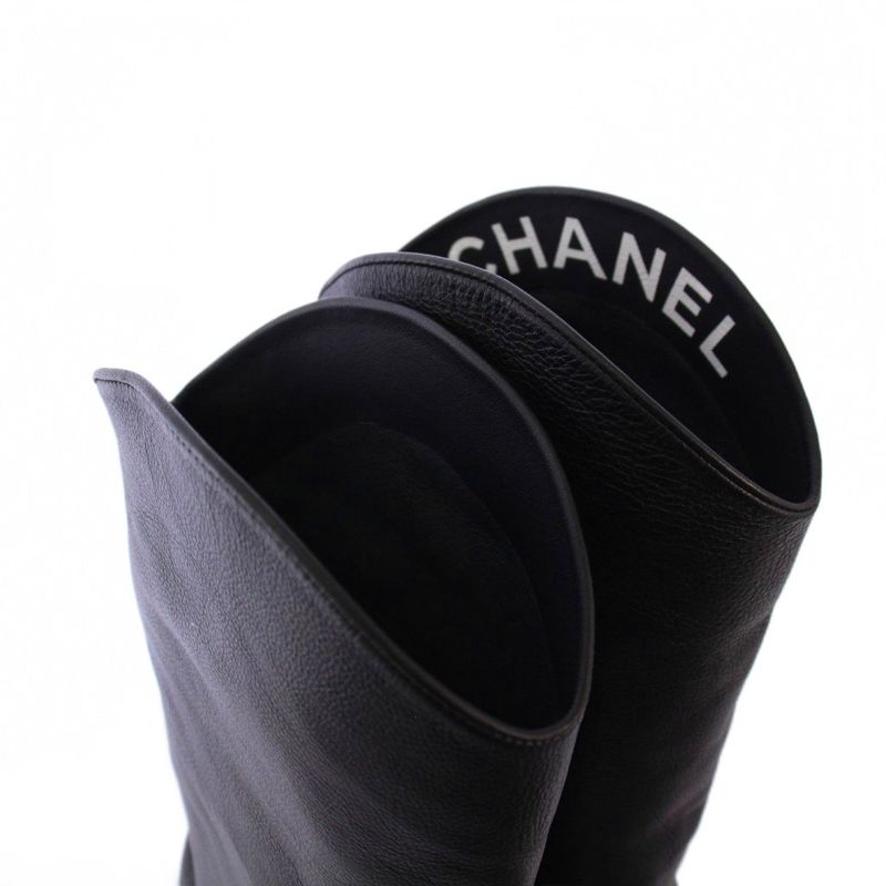 Chanel Jockey Boots Middle Length Coco Mark Leather 38C Black G36273 KH