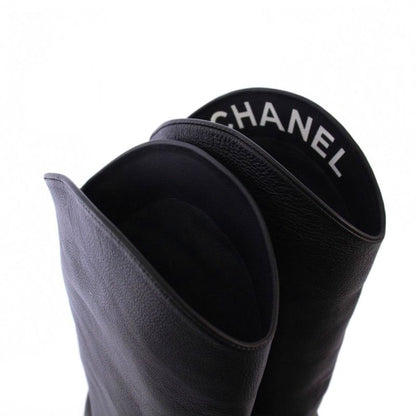 Chanel Jockey Boots Middle Length Coco Mark Leather 38C Black G36273 KH