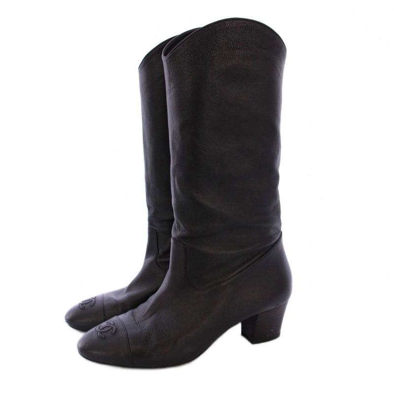 Chanel Jockey Boots Middle Length Coco Mark Leather 38C Black G36273 KH