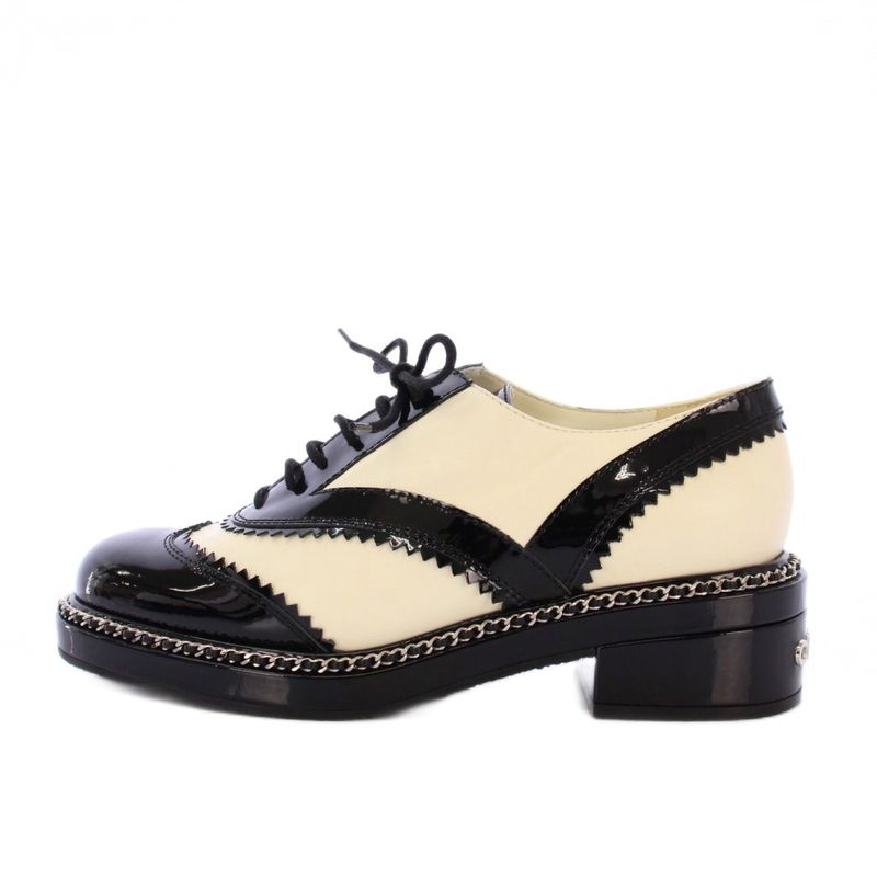 Chanel Lace Up Shoes Dress Shoes Wingtip Bicolor Leather 38C Black White G35316