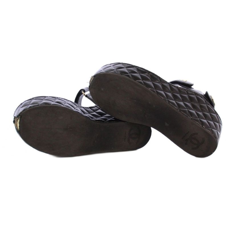 Chanel Sandals Shiny Calfskin Coco Mark Matelasse Leather 38C Black G37455 KH