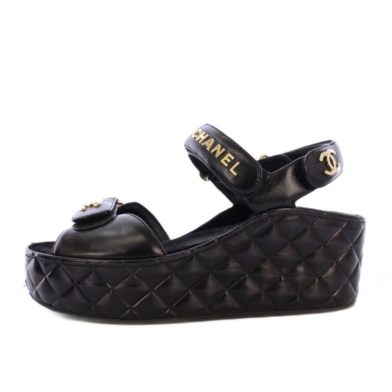 Chanel Sandals Shiny Calfskin Coco Mark Matelasse Leather 38C Black G37455 KH