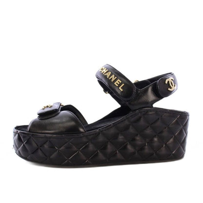 Chanel Sandals Shiny Calfskin Coco Mark Matelasse Leather 38C Black G37455 KH