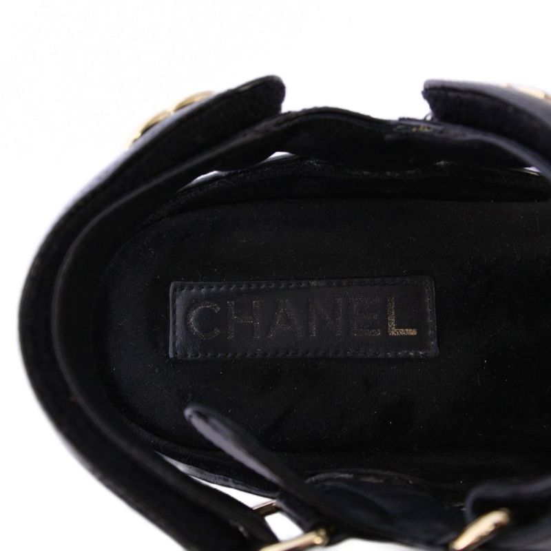 Chanel Sandals Shiny Calfskin Coco Mark Matelasse Leather 38C Black G37455 KH